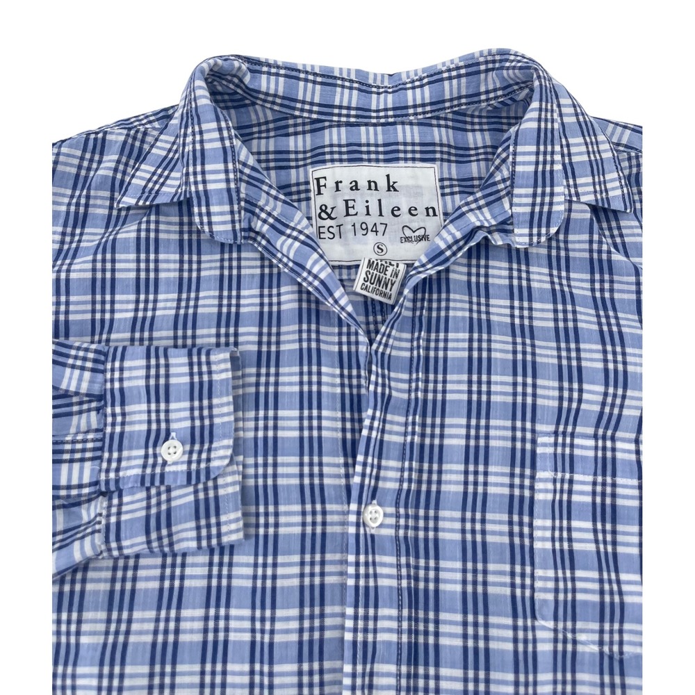 Frank & Eileen Barry Blue White Plaid Cotton Button Down Shirt Small Made in USA
